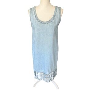 Vtg 90s Light Blue Denim Fringe Dress sleeveless women small festival western